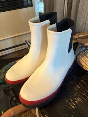 Tory Burch White Rubber Ankle Rain Boots with Red Trim and Black Soles